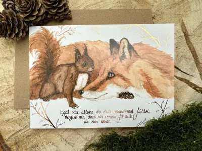 Grußkarte Fuchs &amp; Eichhörnchen