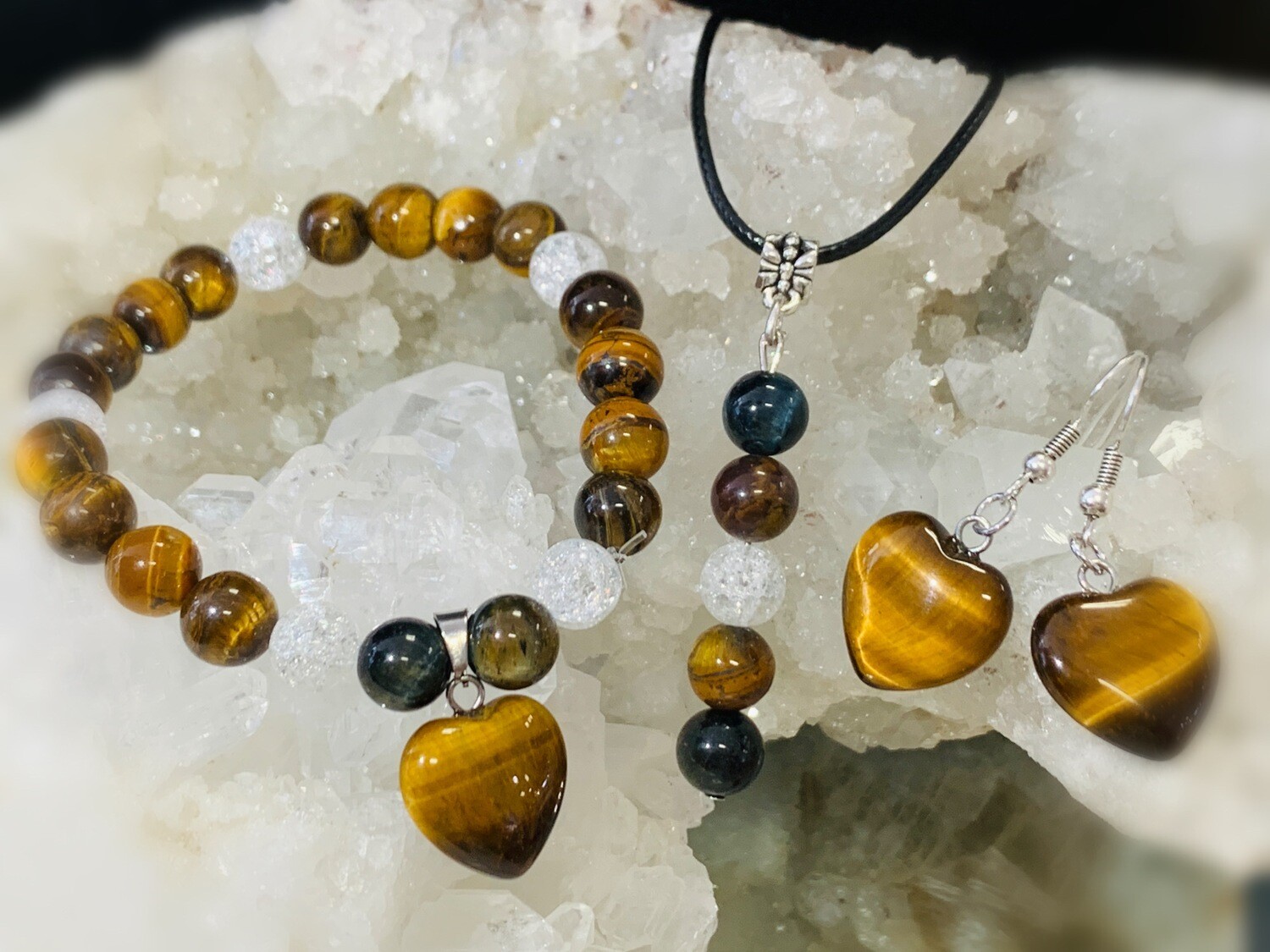 Parure protection - oeil de tigre, oeil de faucon et cristal de roche craquelé
