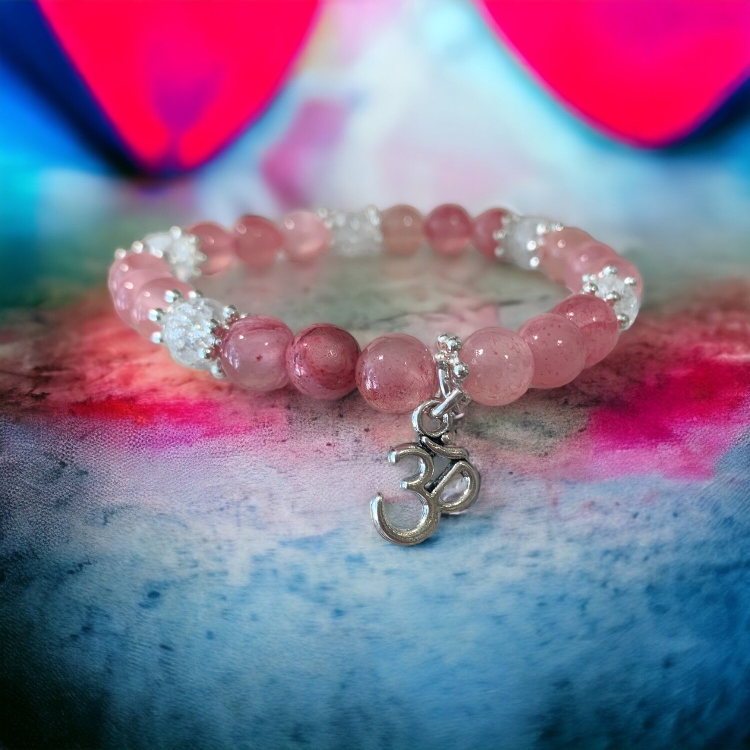 bracelet  quartz fraise et cristal de roche - arbre de vie