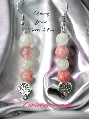 Boucles d’oreilles quartz fraise et pierre de lune - arbre de vie