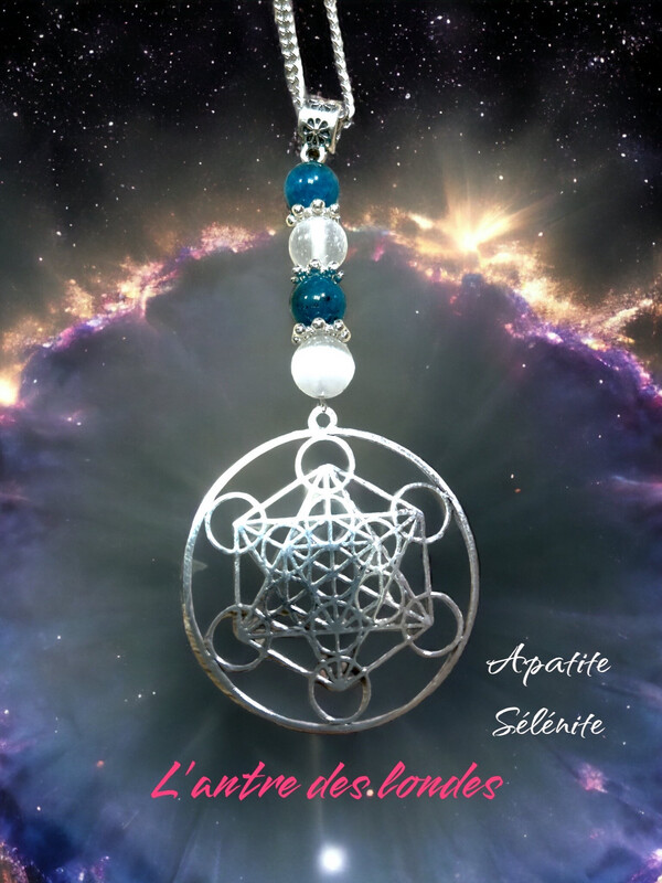 Pendentif metatron / sélénite et apatite bleue