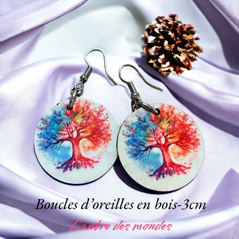 Boucles d'oreilles arbre de vie fond blanc en bois