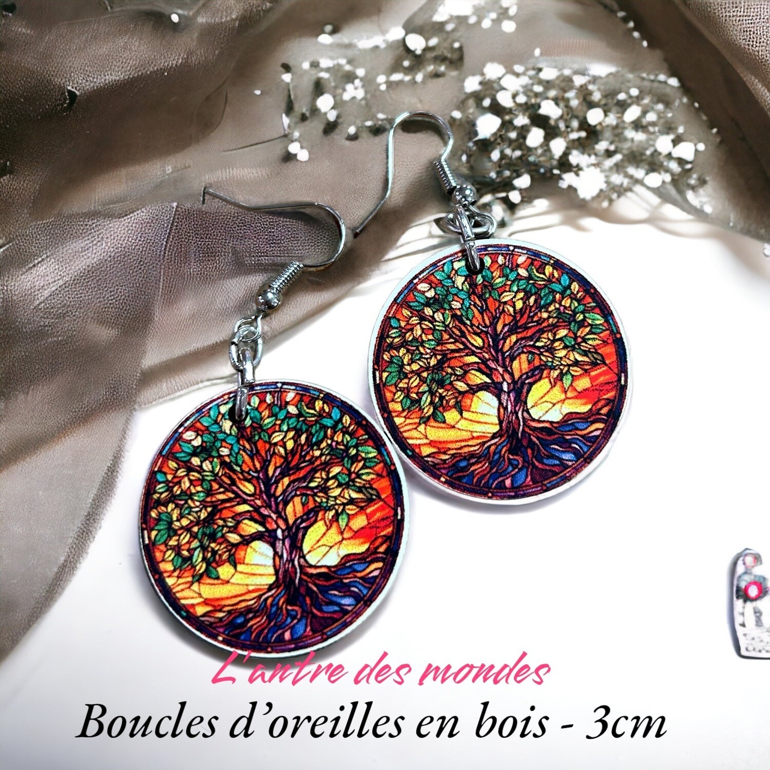 boucles d'oreilles arbre de vie en bois