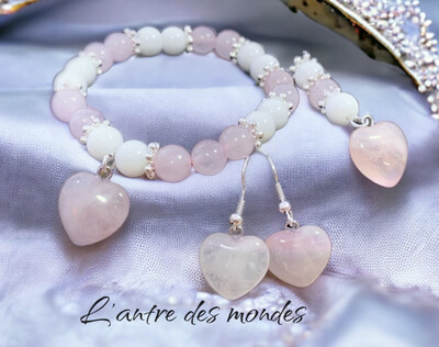 Parure quartz rose et agate blanche Parure quartz rose et agate blanche