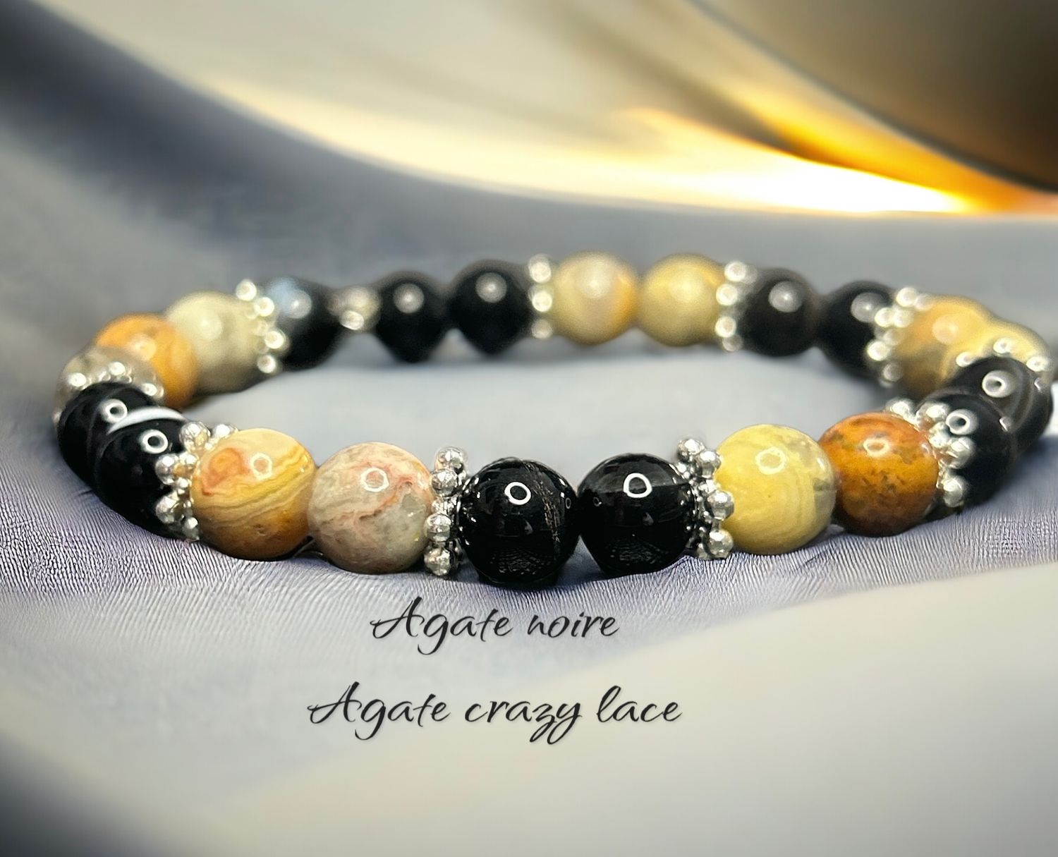 Bracelet agate noire et agate crazy lace- protection-ancrage-courage