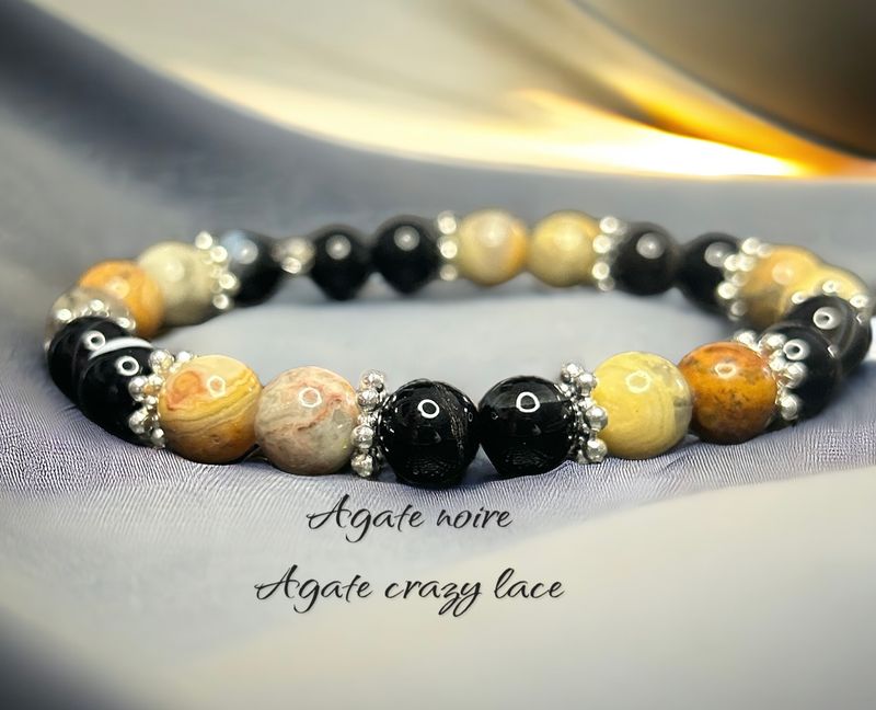 Bracelet agate noire et agate crazy lace- protection-ancrage-courage Bracelet agate noire et agate crazy lace- protection-ancrage-courage