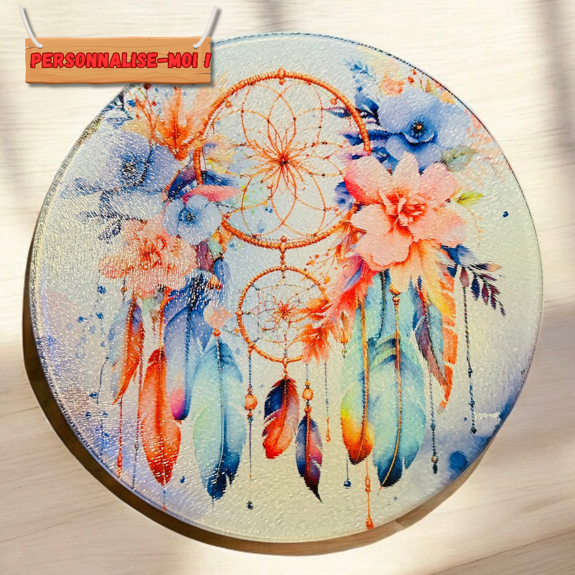 sous-plat, planche découpe attrape rêves pastel