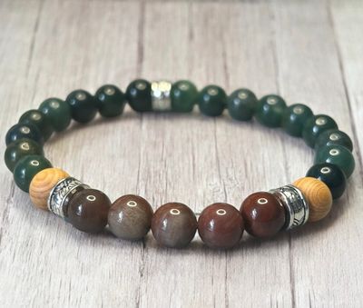 Bracelet bois fossile - Agate mousse et palo santo - amour de la vie, confiance, ancrage, concentration, mémoire