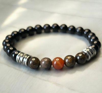 Bracelet concentration-energie -protection bronzite; cornaline, agate noire