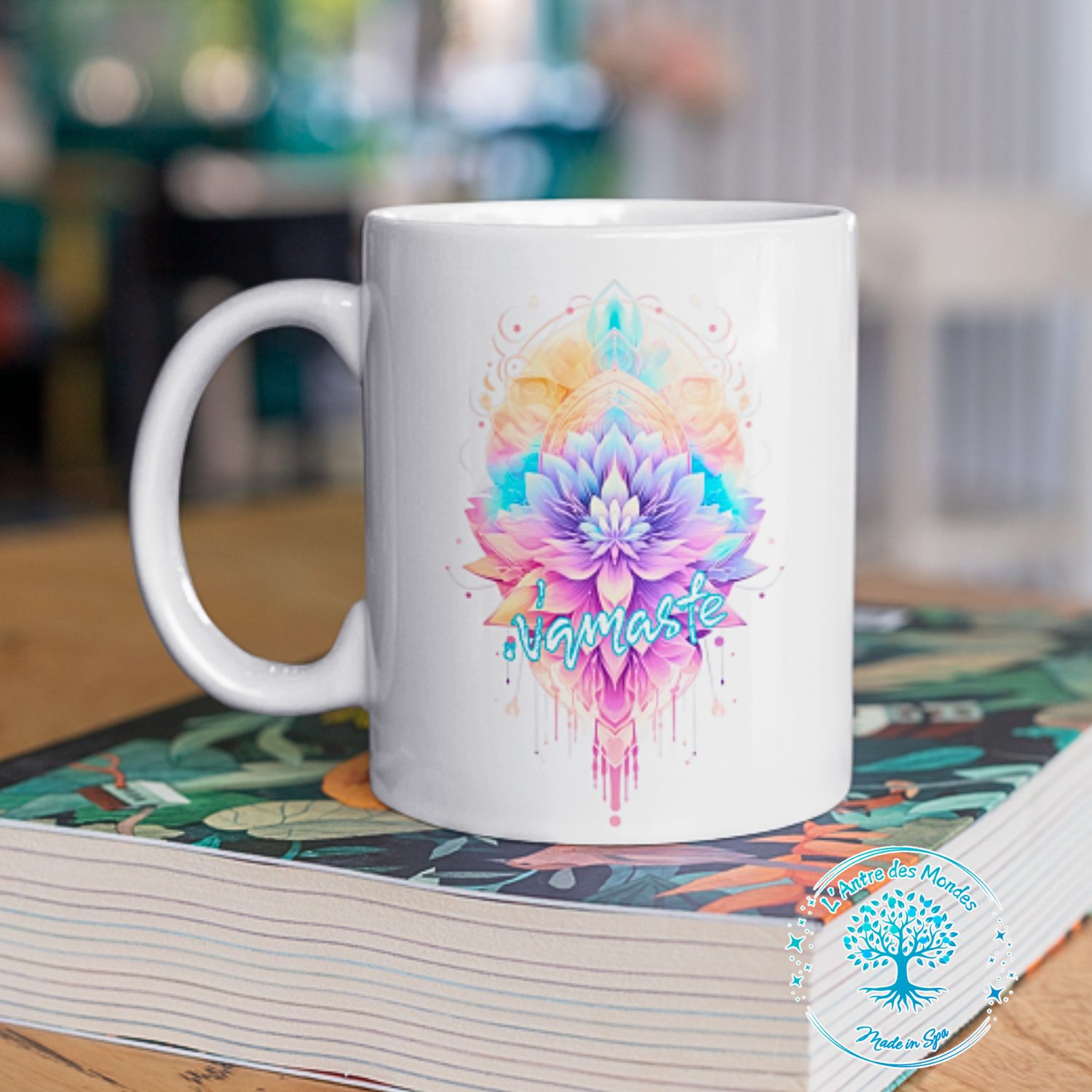 mug personnalisé namaste turquoise et rose
