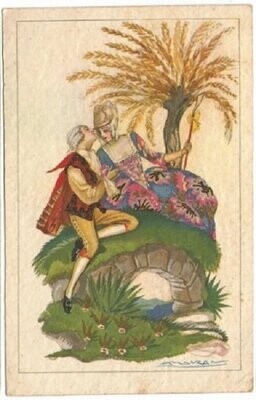 Cartolina di Mauzan d’Epoca Coppia di Innamorati su Ponticello