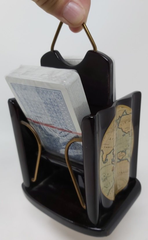 Portacarte Vintage Emisferi Mappamondo 2 mazzi Poker Legno Centrale Alzabile con Tiretto