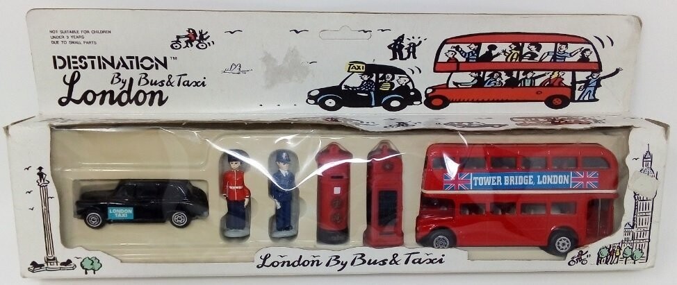 Destination London By Bus & Taxi Souvenir Ricordo di Londra del 1995 Classici Simboli Città Londinese. (da Collezione)