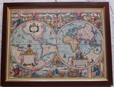 Quadro Cornice Legno Cartina Geografica Antica Doppio Emisfero Riproduzione di una Cartina del 1617