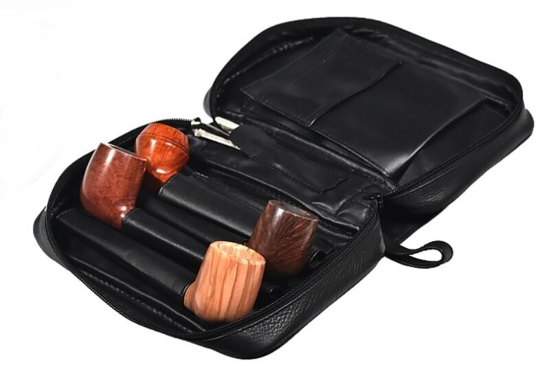 Trousse Borsello 4 Pipe e Portatabacco Serie Magnet Nappa Nera