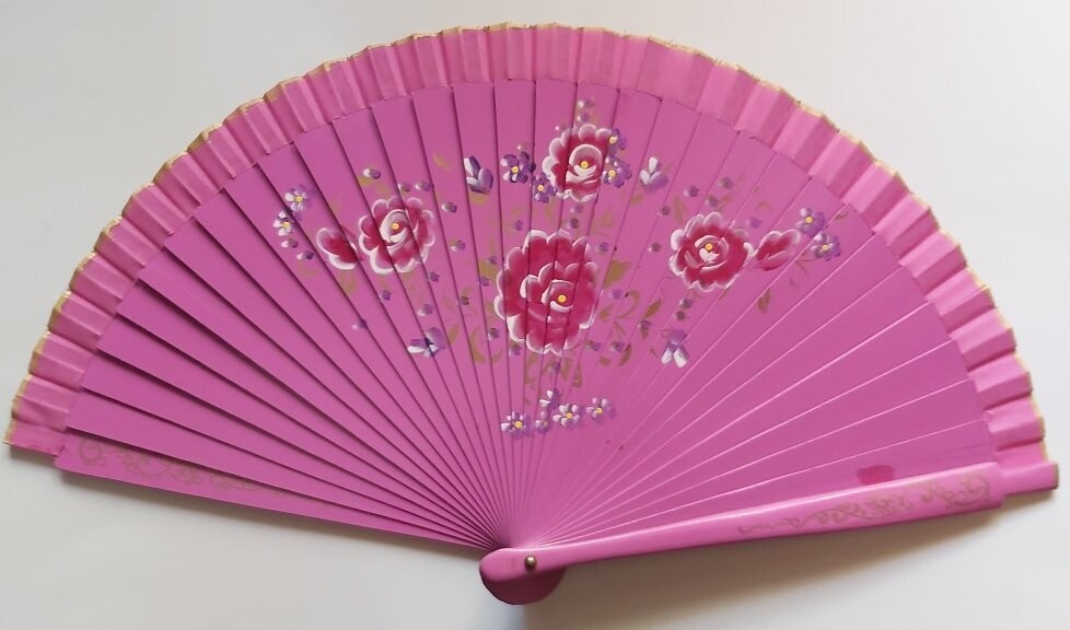 Ventaglio Spagnolo in Legno 1 Faccia Dipinta Fondo Fuxia 4 Fiorellini Amaranto