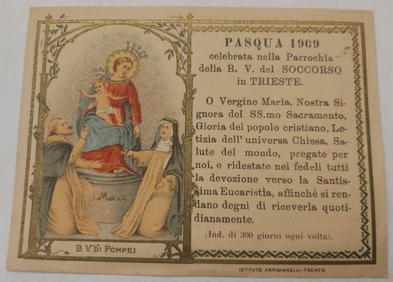 Santino Holy Card Pasqua Parrocchia della B. V. del Soccorso in Trieste 1909