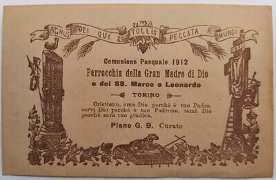 Santino Holy Card Comunione Pasquale Parrocchia della Gran Madre di Dio 1912