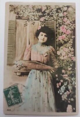 Carte Postale Cartolina Bollo Poisson d'Avril Ragazza Pesce Casa Fiori Primi ‘900