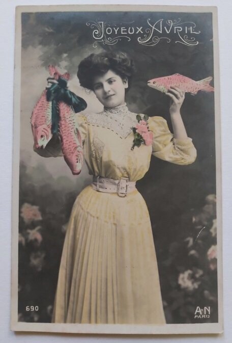 Carte Postale Cartolina Postale Bollo Joyeux Avril Ragazza Pesci Anno Primi ‘900