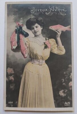 Carte Postale Cartolina Postale Bollo Joyeux Avril Ragazza Pesci Anno Primi ‘900