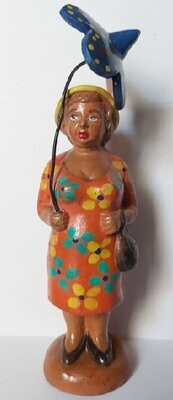 Fischietto Terracotta Pugliese Donna con Ombrellino Blu e Borsetta FTPD