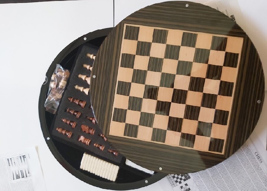 Scacchiera da Viaggio Portatile Rotonda 5 Giochi in 1 Legno Ebano