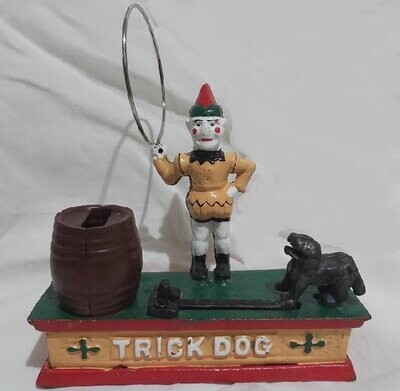 Salvadanaio Ghisa Meccanico Vintage Mechanical Bank Coin Box Saving Circus Clown & Trick Dog