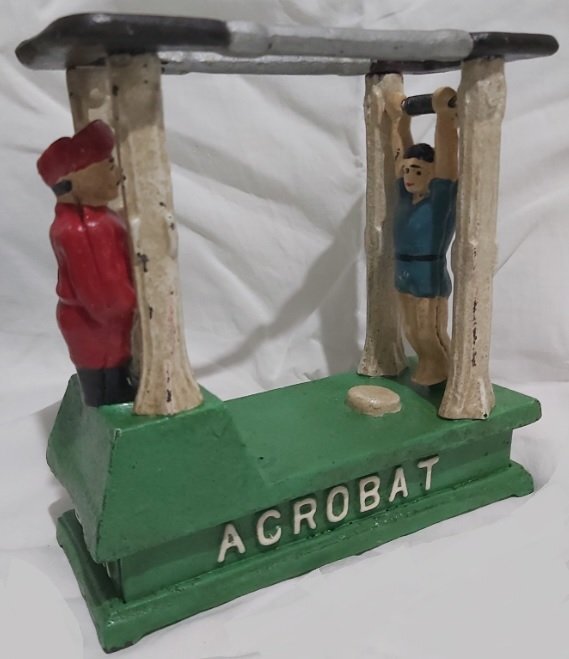 Salvadanaio Ghisa Meccanico Mechanical Bank Coin Box Saving Acrobat Football Player