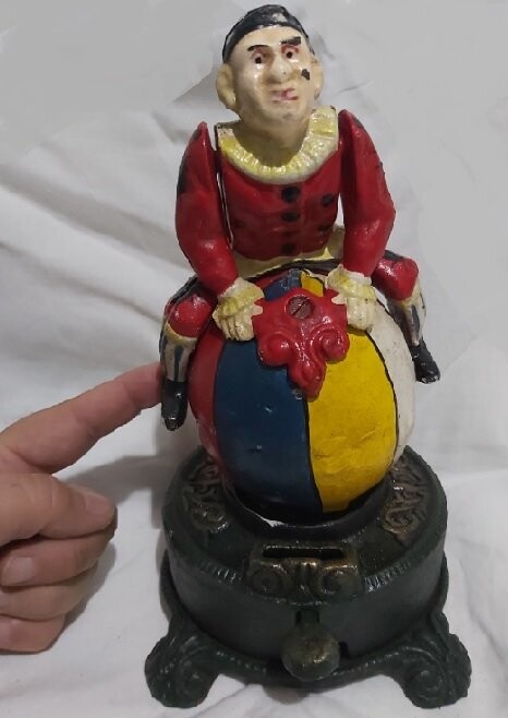 Salvadanaio Ghisa Meccanico Mechanical Bank Coin Box Saving Clown Globo