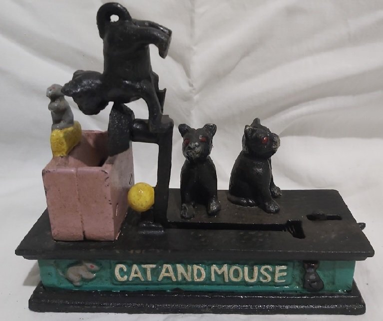Salvadanaio Ghisa Meccanico Mechanical Bank Coin Box Saving Cat and Mouse