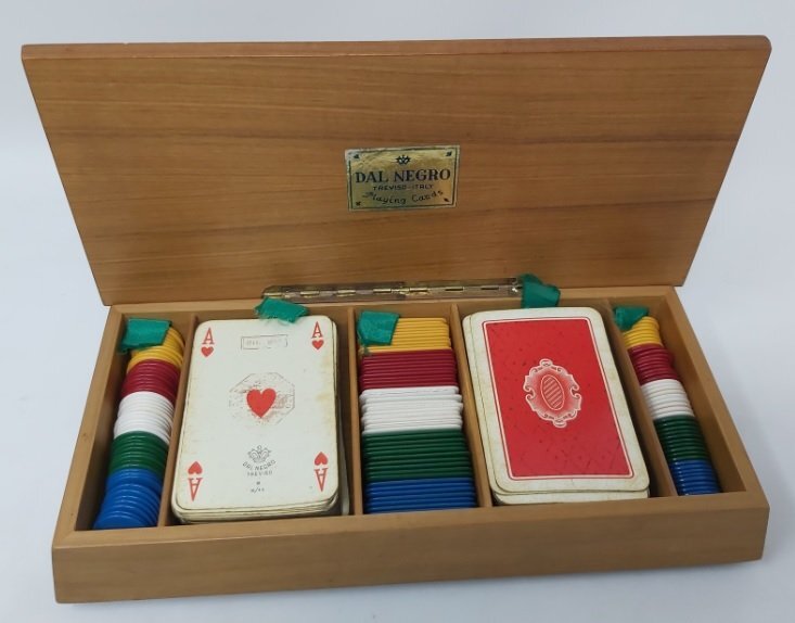 Scatola Set da Gioco Legno Macchina a Vapore Carte e Fiches Dal Negro Anno 1963 Vintage