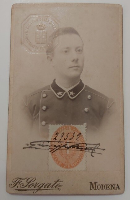 Tessera Fotografica Ufficiali In Viaggio sulle Ferrovie Timbro a Secco e Bollo 1897