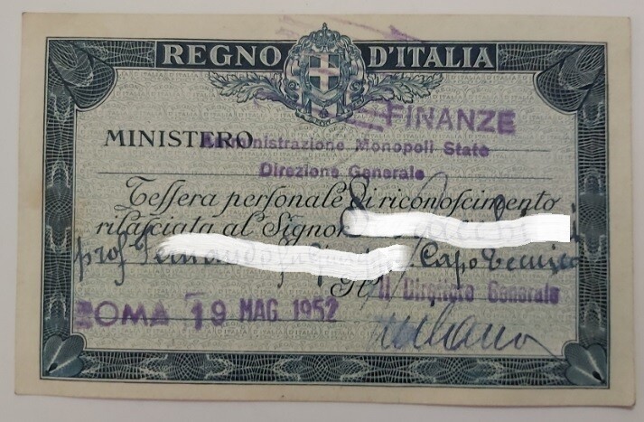Tessera Regno D'Italia Ministero Finanze Amministrazione Monopoli di Stato 1952