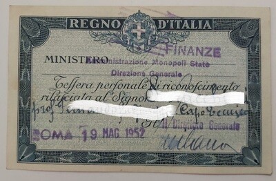 Tessera Regno D'Italia Ministero Finanze Amministrazione Monopoli di Stato 1952
