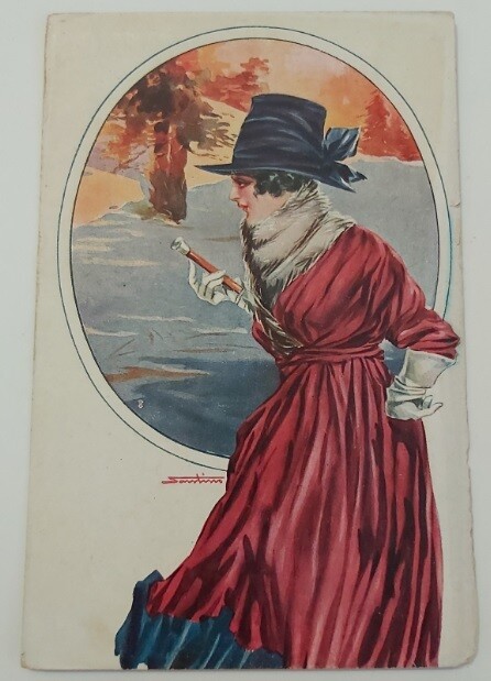 Serie di 5 Cartoline Postali Inizi del '900 Donne con Sfondi in Ovali Vintage, Cartoline Donne Ovali Inizi '900: Donna in Abito Rosso e Bastone