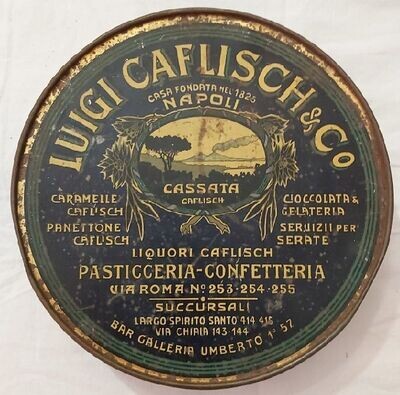 Scatola di Latta Caramelle Cioccolata 1875 Tin Box Luigi Caflisch & Co Vesuvio Vintage