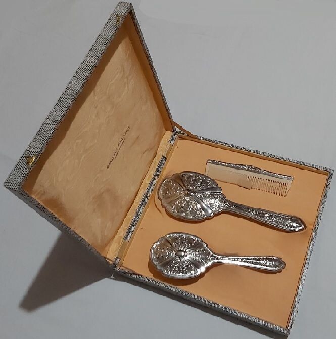 Set Toilette Spazzola Pettine Specchio Silver Plated 1960 Confezione Regalo