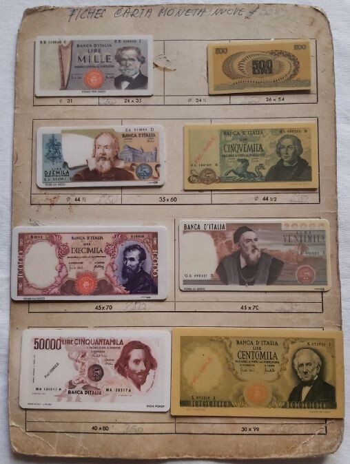 Campionario Tabella Cartella Fiches Gioco Cartamoneta in Lire fine anni '70