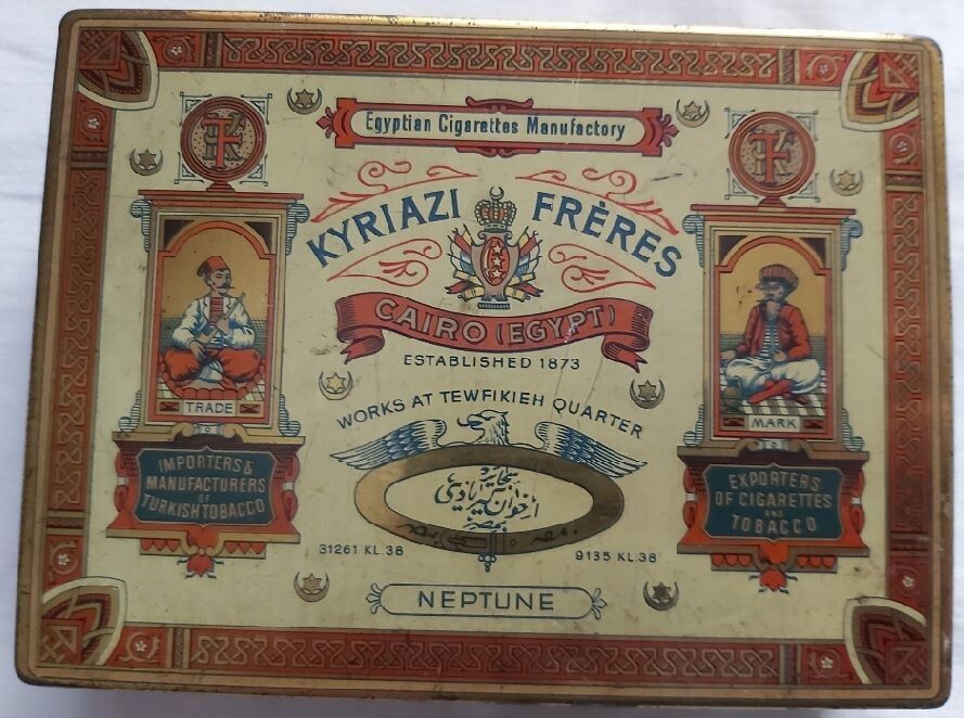 Scatola Latta Tabacco Sigarette Kyriazi Frères Cairo Egypt Neptune 100 Cigarettes