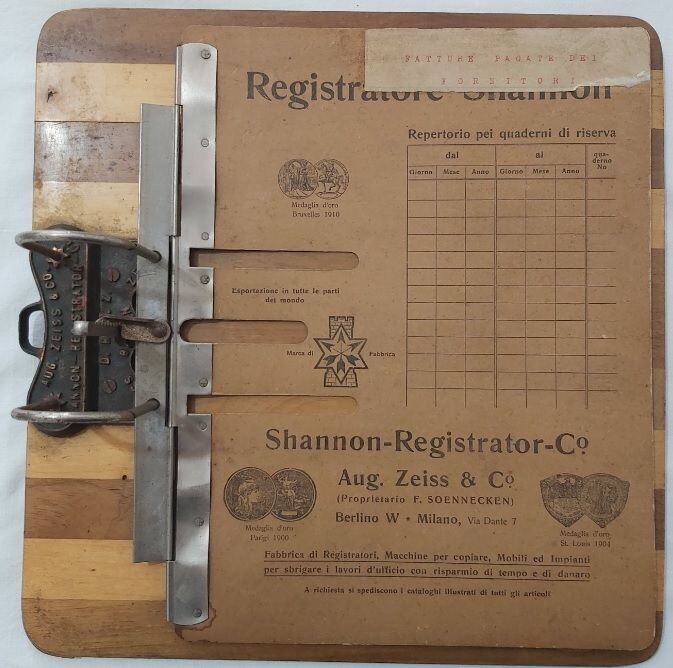 Registratore Shannon Aug. Zeiss & Co. Sistema Fogli Intercalare ad Anelli primi del '900