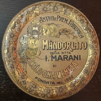 Scatola Latta Tin Box Antica Premiata Fabbrica Mandorlato Marani Vintage