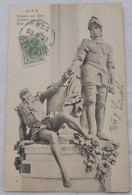 Cartolina Postale Viaggiata Wien Vienna Gruppe am Kandelaber Von Der Oper Don Juan 1908