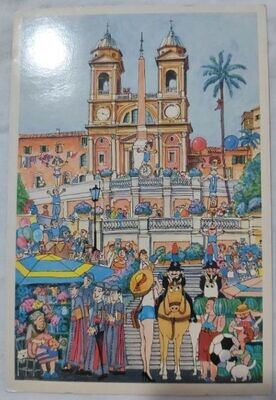 Cartolina Postale Disegno Fumetto Piazza di Spagna Trinità dei Monti 1979