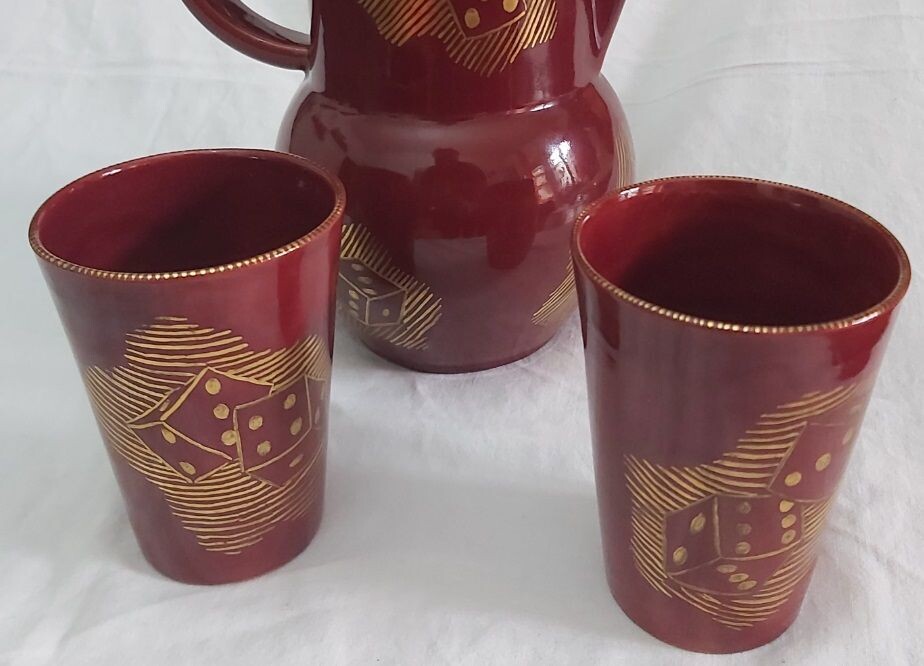 Brocca e 2 Bicchieri Ceramica Dadi Scuola Arte Ceramica Civita Castellana F. Giorgi