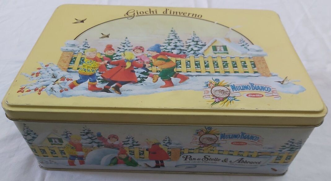 Scatola Latta Barilla Mulino Bianco Giochi d'Inverno 1991 Vintage