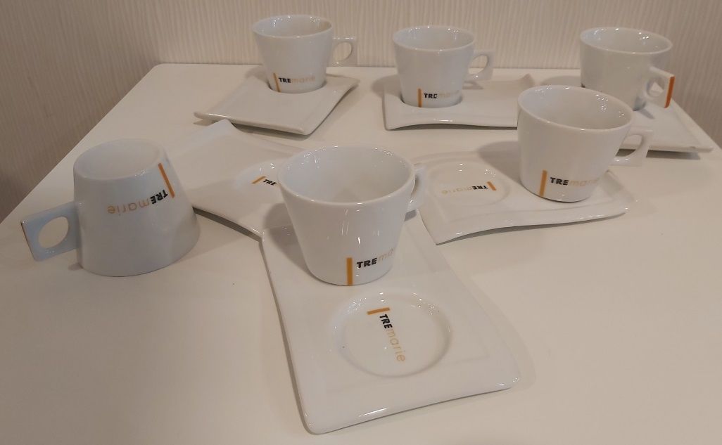 Set Bar 6 Tazze Cappuccino con Piattino Porcellana Bianca Marca Tre Marie