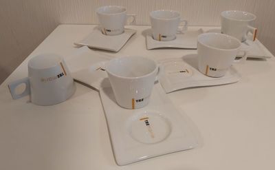 Set Bar 6 Tazze Cappuccino con Piattino Porcellana Bianca Marca Tre Marie