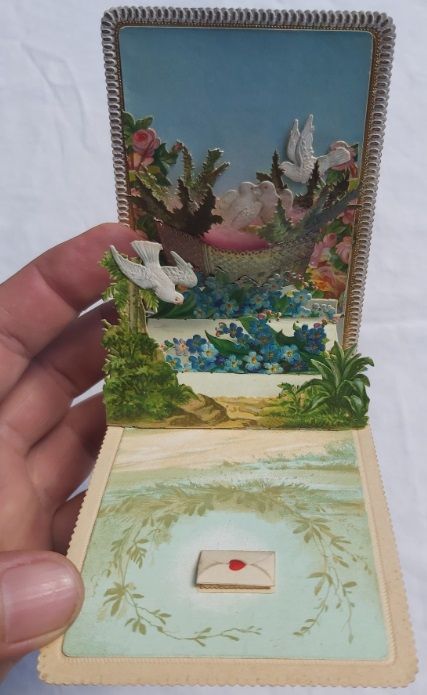 Biglietto Pop-Up 3D Fustellato Rosa Gialla Rosa Rossa Auguri Colombi e Fiori