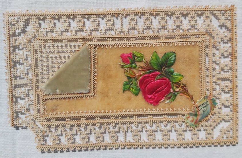 Biglietto Auguri Merlettato Mezzo Punto Fustellato Due Rose Rosse 1906